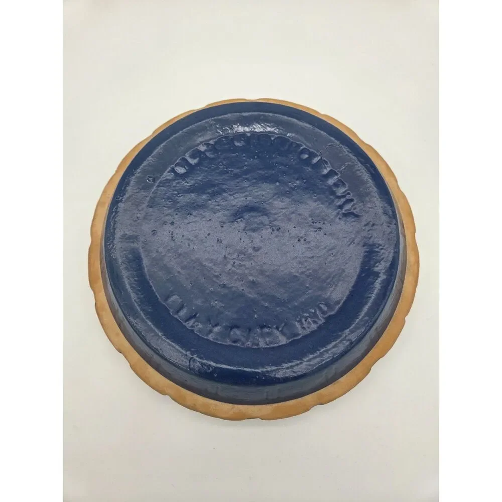 Clay City Pottery Blue Stoneware 10 Inch Pie Pan Dish Indiana Floral Leaf Vtg